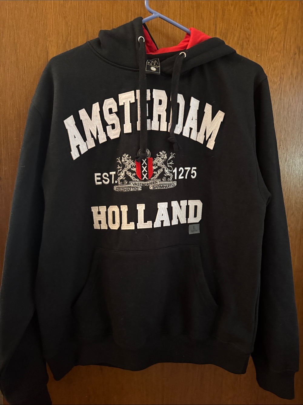 Black Amsterdam Holland Pullover Hoodie with Red Lined Hood